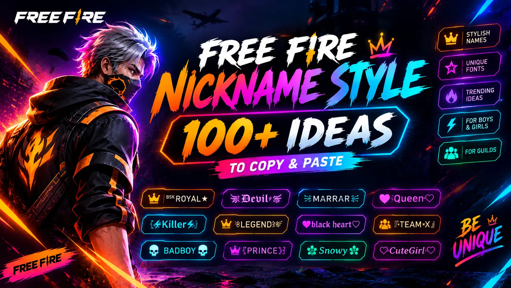 Free Fire nickname style ideas with symbols and fonts