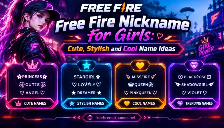 Cute and stylish Free Fire nickname for girls ideas shown on a soft pink and purple gaming banner