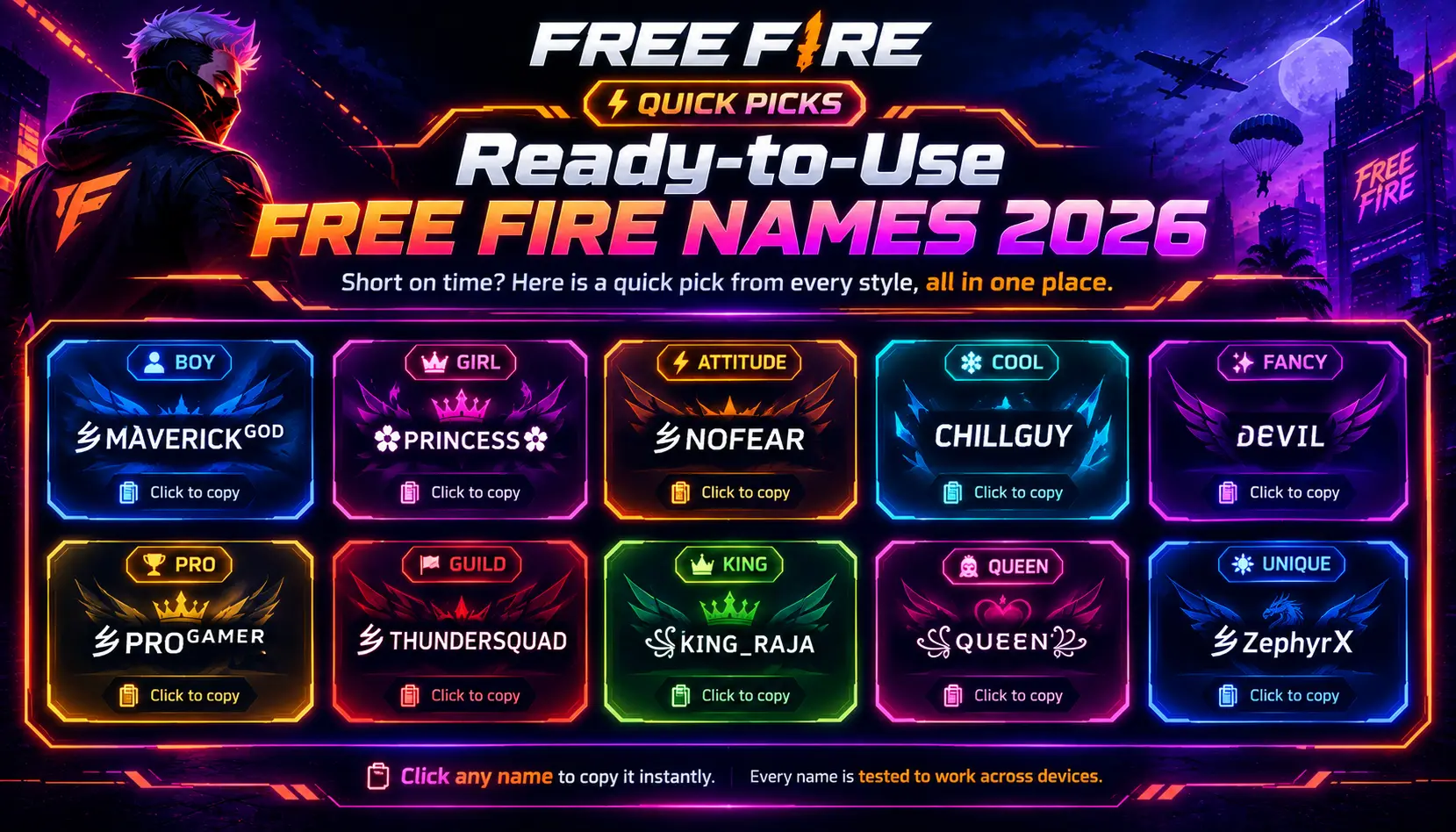 Ready-to-Use Free Fire Nicknames 2026 - Quick Picks for Boys, Girls, Pro Styles