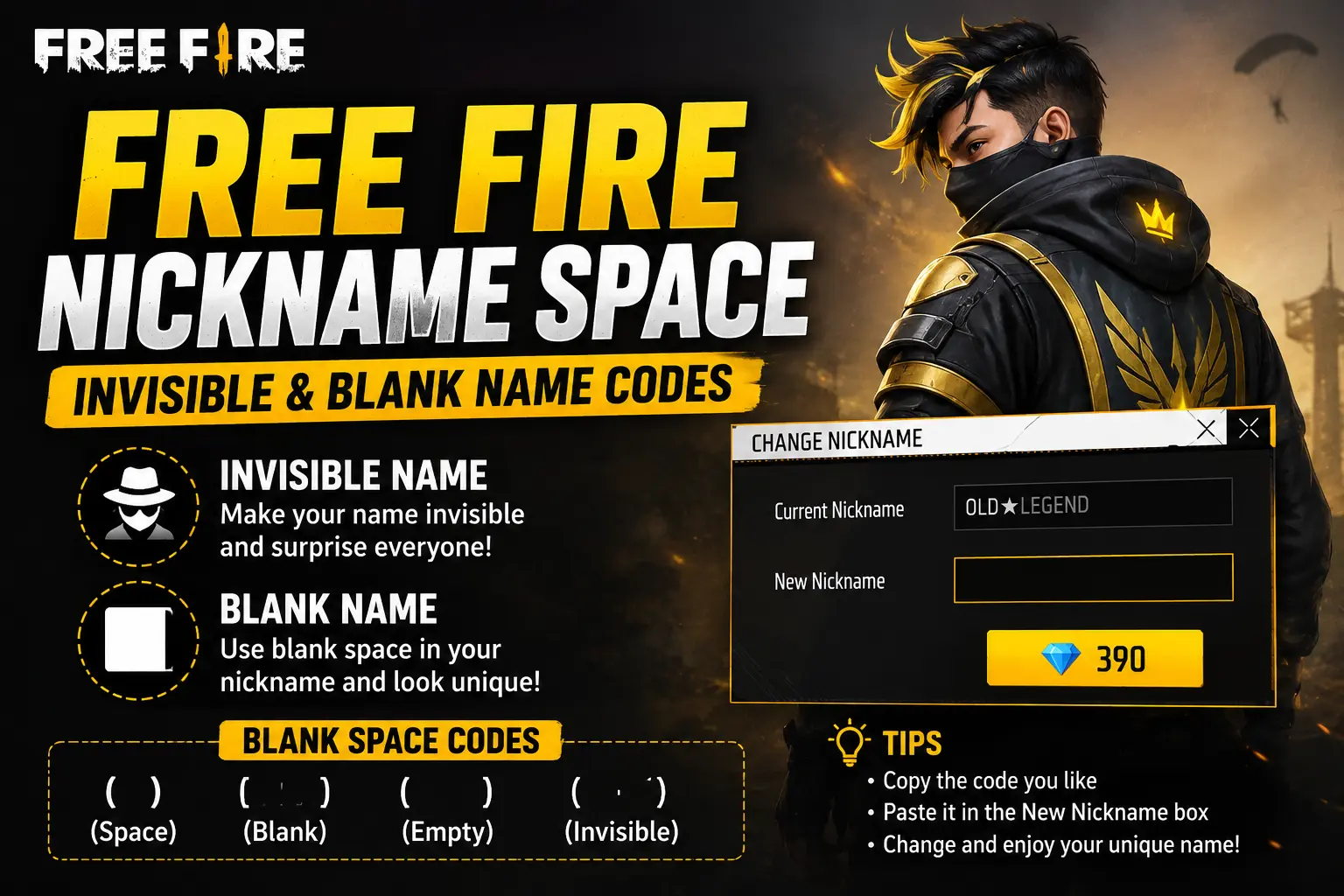 Free Fire nickname space invisible and blank name codes